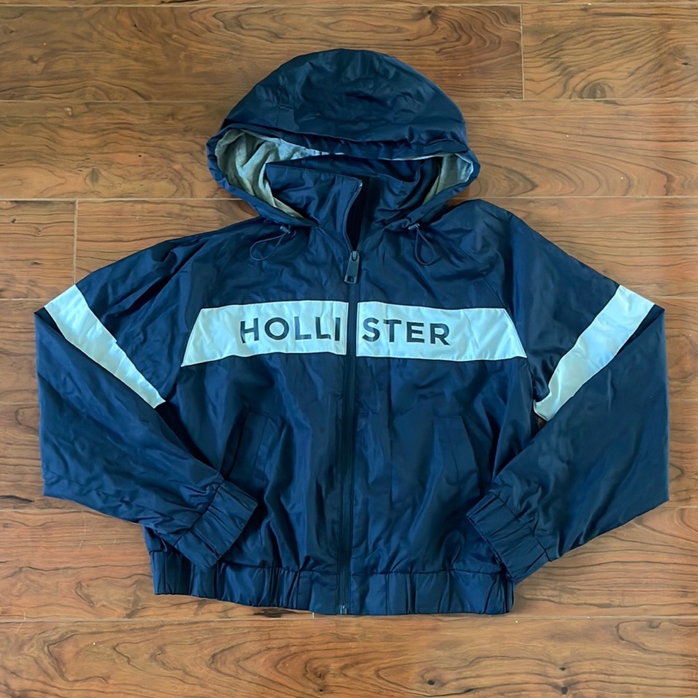 COPY - Hollister Blue and White Full Zip Windbreaker Jacket Coat